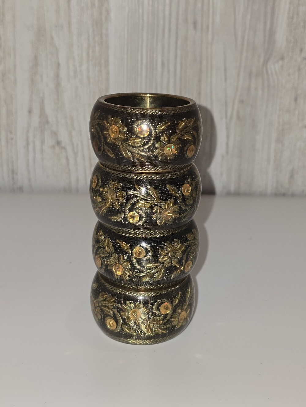 Brass NAPKIN RINGS, embellished ribbon under resin, India, Set of 4